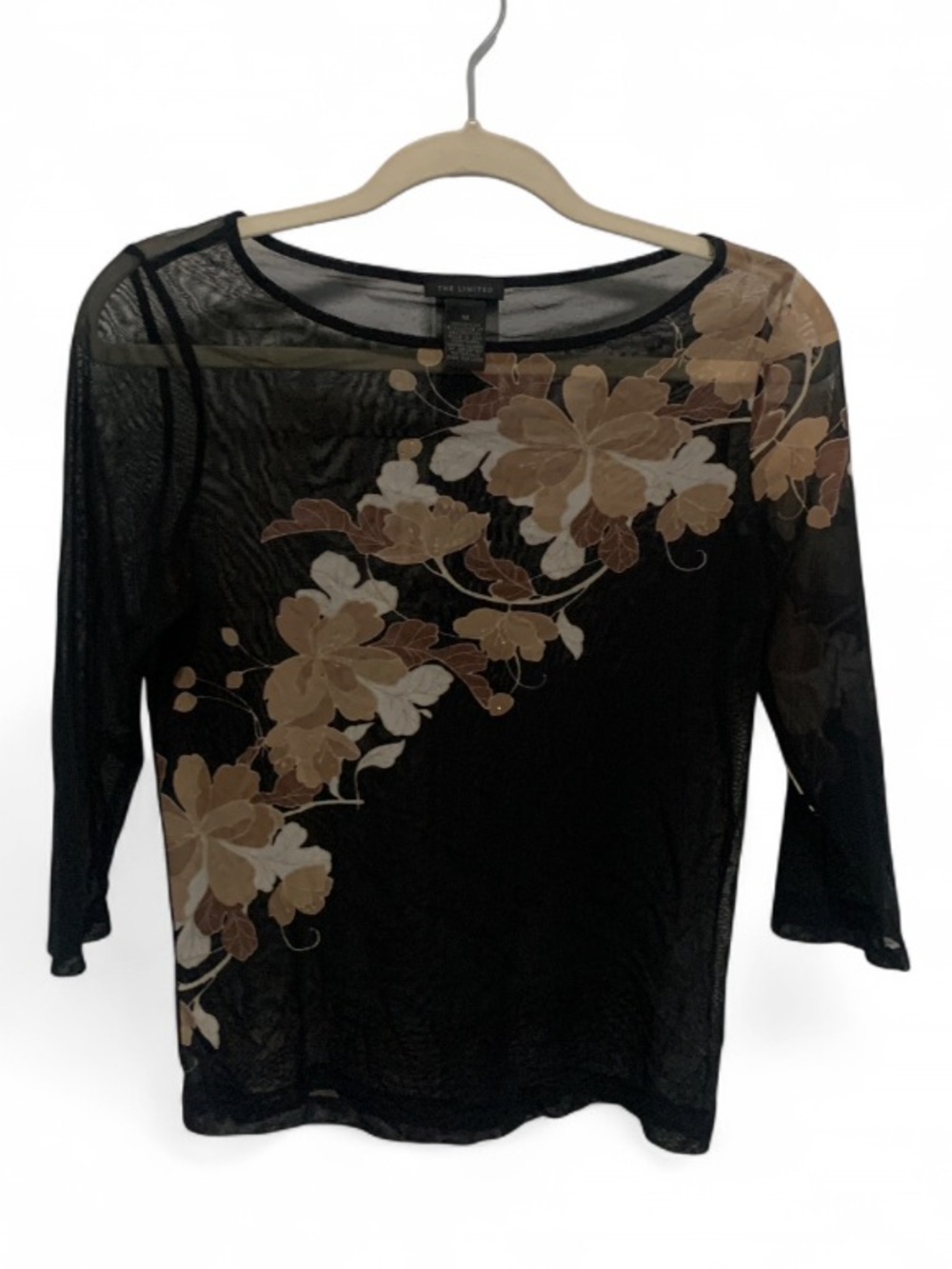 Y2K The Limited Black Semi Sheer Floral Mesh Top with Brown & Cream Blooms